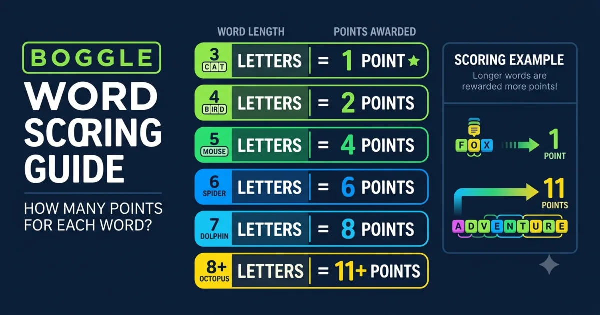 Boggle scoring sheet showing points by word length