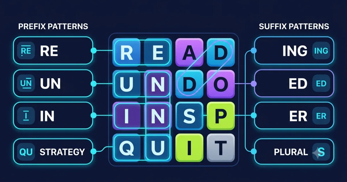 Word grid pattern library showing prefixes, suffixes, Qu words, plurals, and long stems
