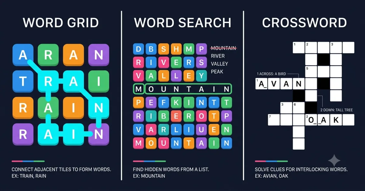 Comparison of word grid games, word search puzzles, and crossword puzzles